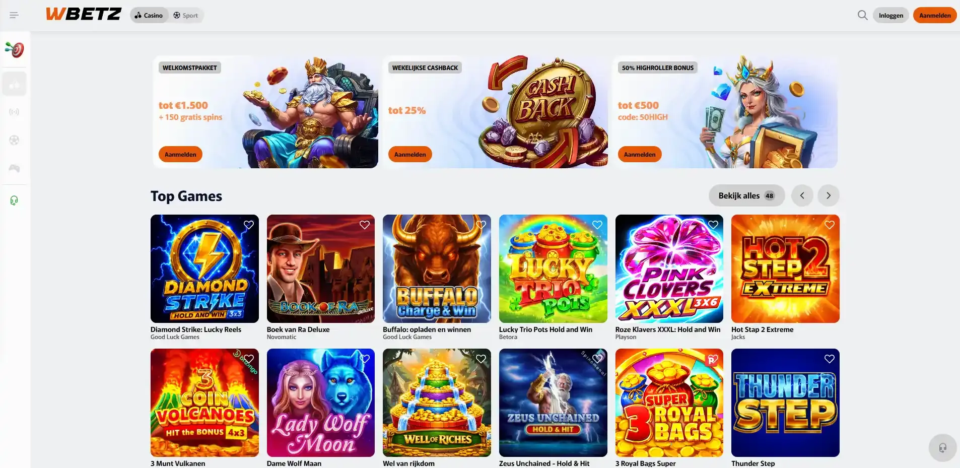 Actuele Wbetz casino-lobby met spelcategorieën en providerfilters