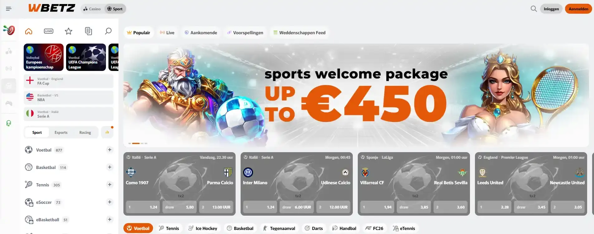 Actuele Wbetz sportsbook-interface met sportnavigatie