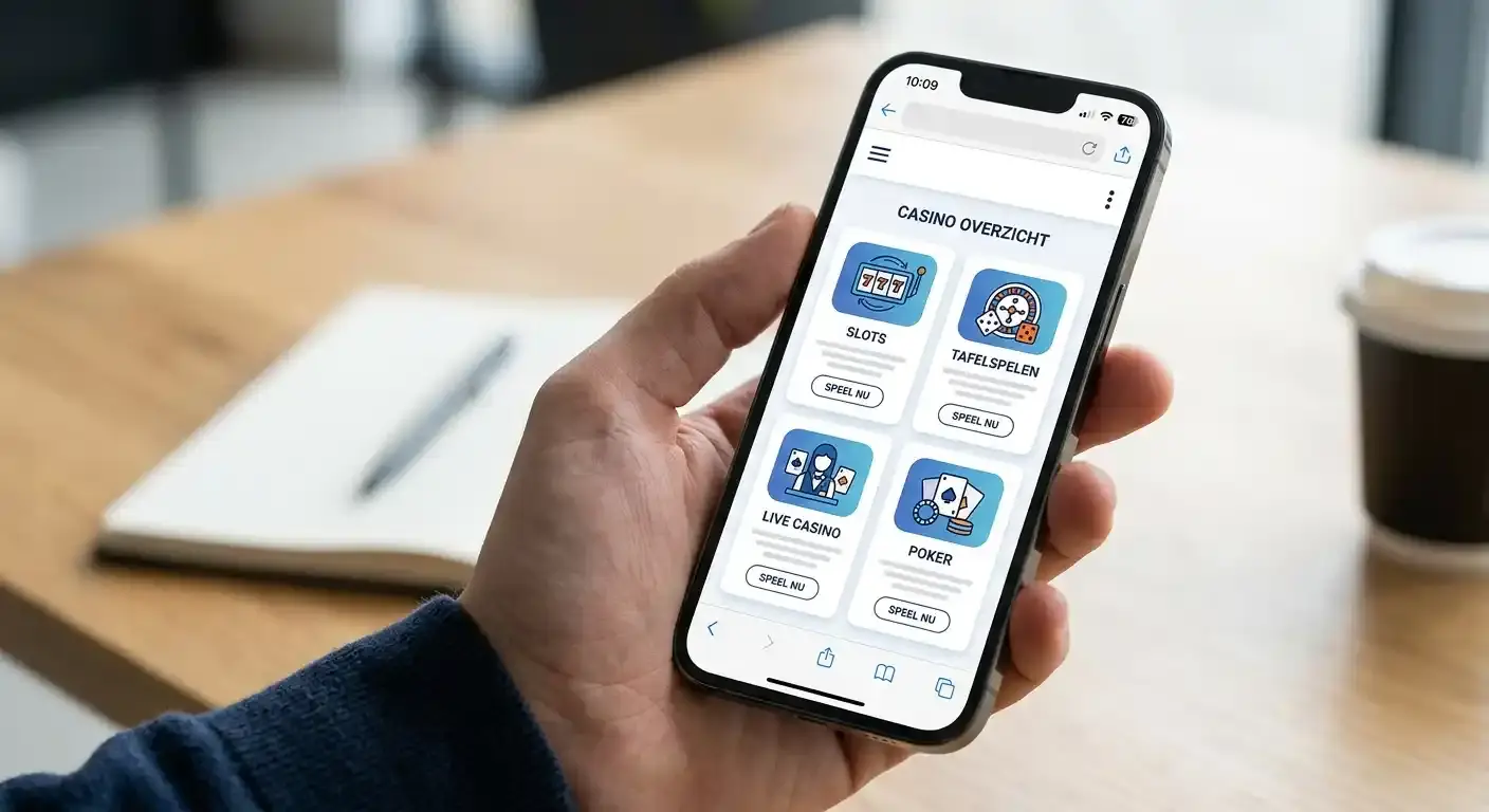 Generieke smartphone met mobiele browser en neutrale casinocategorieën zonder Wbetz-logo