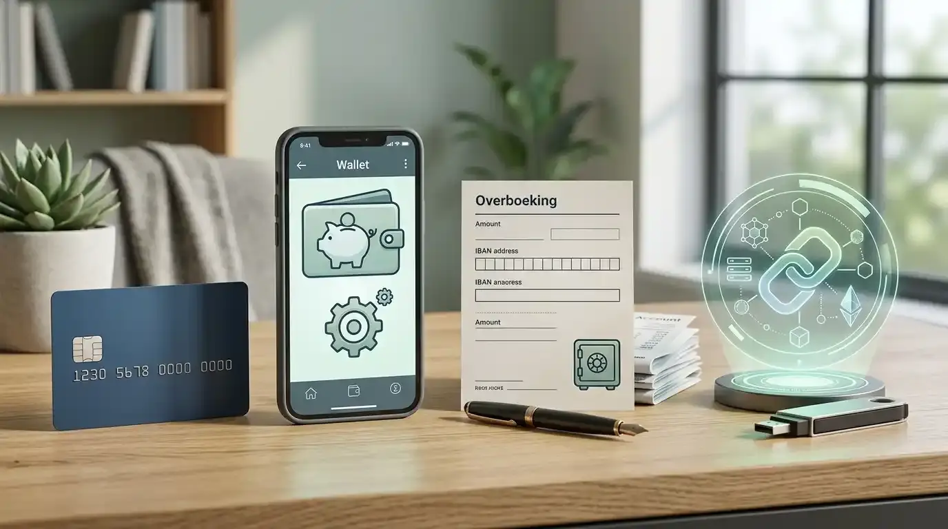 Illustratie van kaartbetaling, e-wallet, bankoverschrijving en cryptobetaling